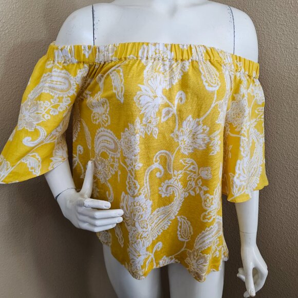 CHICO'S NWT Linen Paisley Off Shoulder Short Sleeve Knit Yellow Top~Size S - Picture 2 of 8